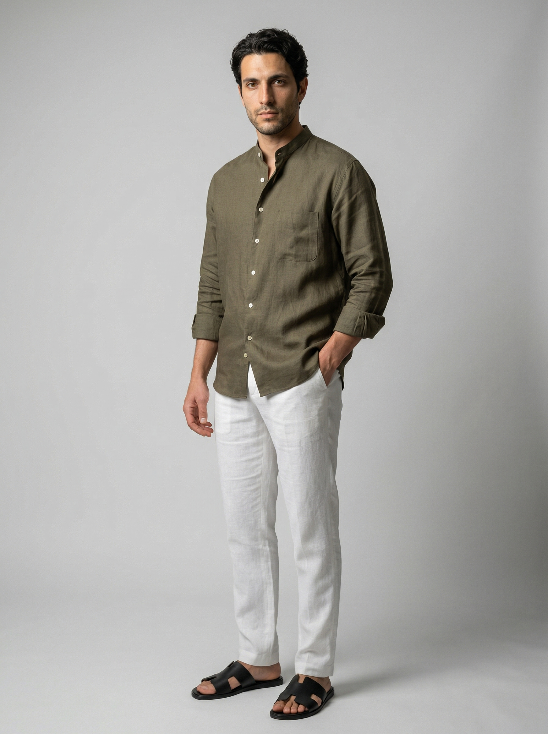 The Corsham Linen Band Collar Shirt