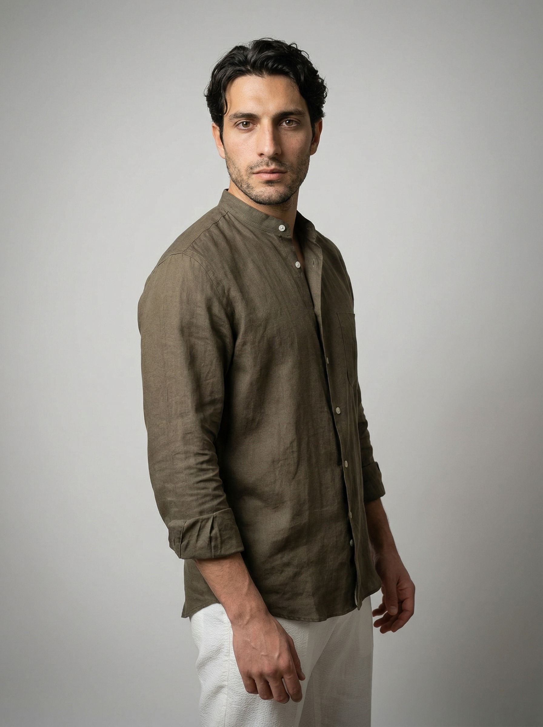 The Corsham Linen Band Collar Shirt