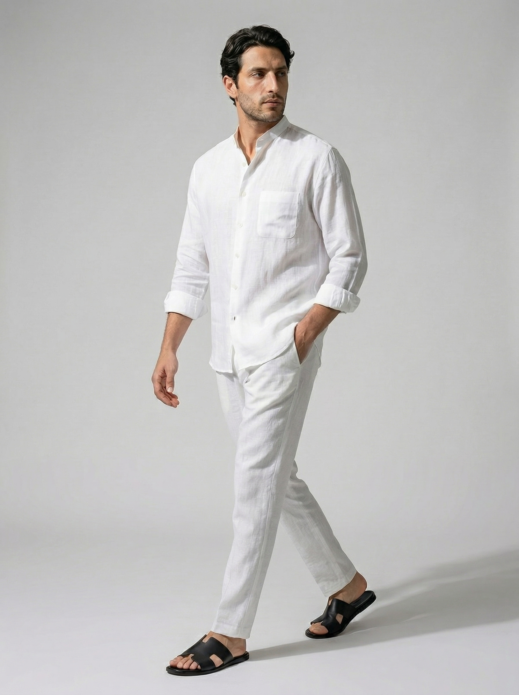 The Corsham Linen Band Collar Shirt