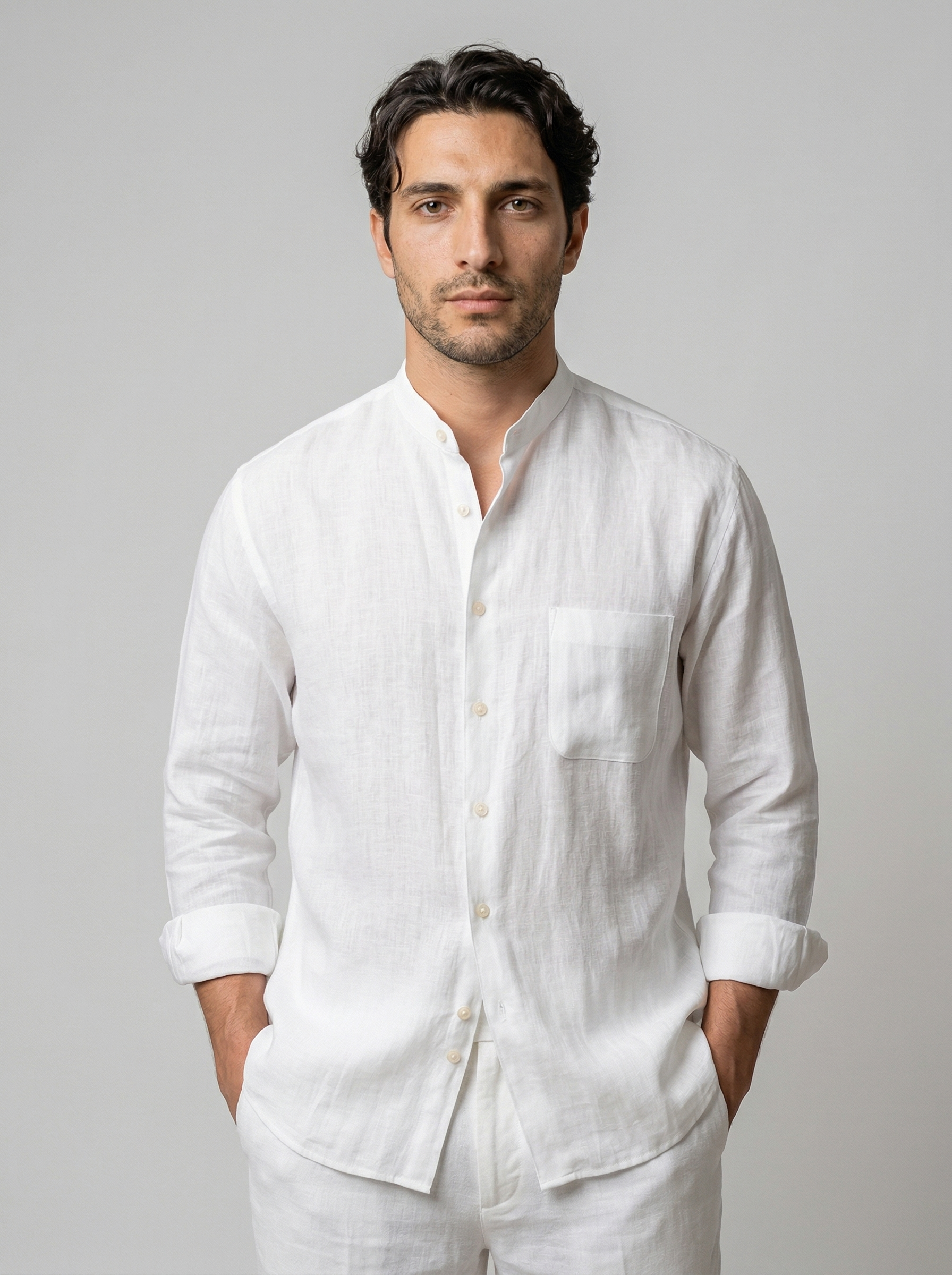 The Corsham Linen Band Collar Shirt